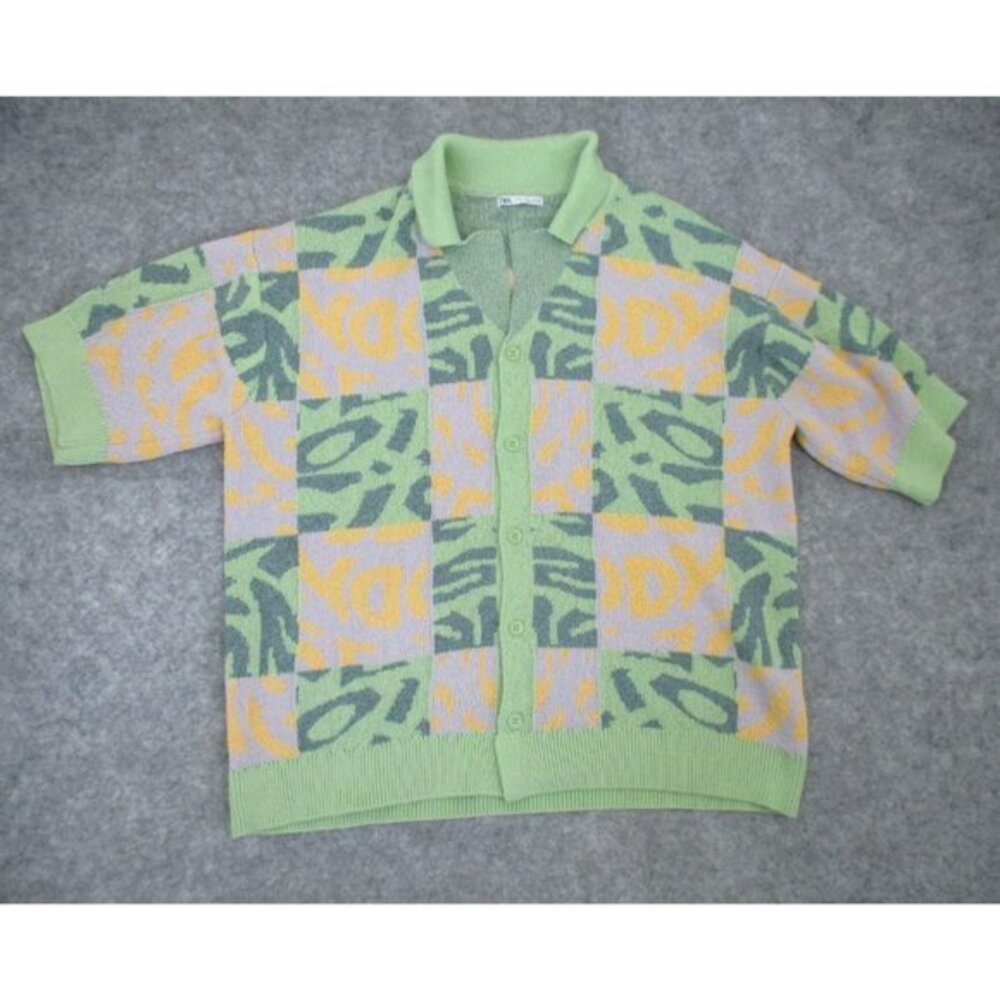 Zara Green Yellow Gray Patchwork Short Sleeve Button-Up Sweater Womens Large